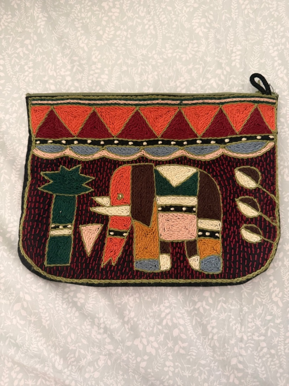 Embroidered Elephant Zip Pouch - Multi Color